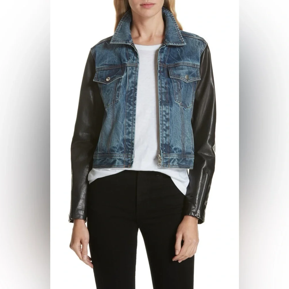 NWT $595 Rag Bone Nico Zip-front Denim Jacket With Leather Sleeves In Indigo